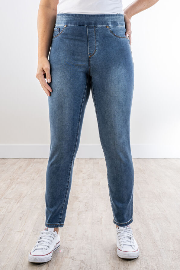 Basic Pull-On Knit Taper-Leg Stretch Jegging Jeans, Blue, original image number 1