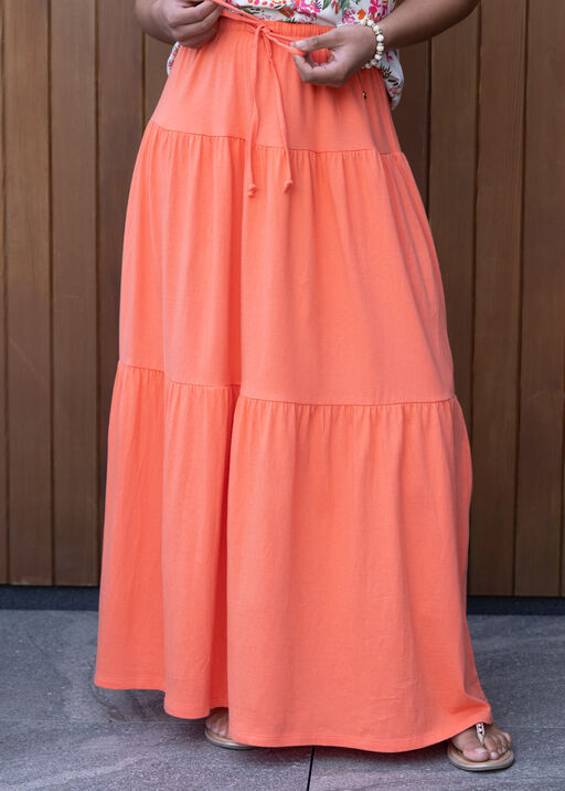 100% Cotton Tiered Maxi Skirt, Coral, original