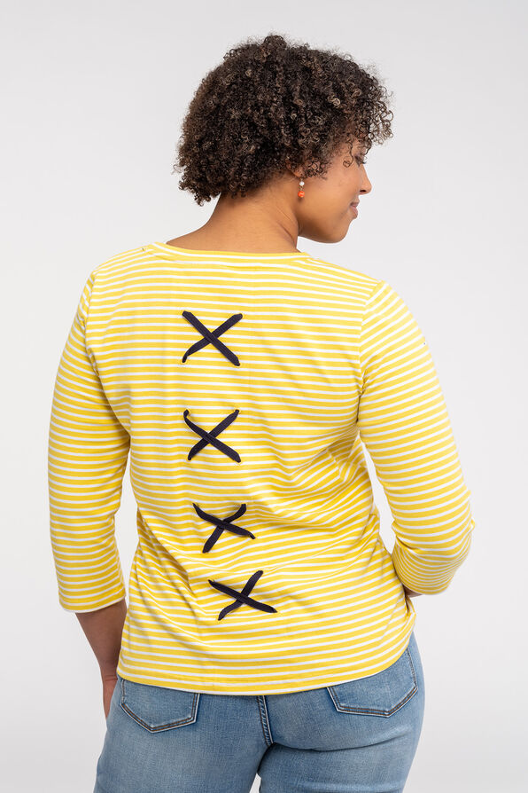 Striped 3/4 Sleeve Top With Criss Cross Back, Yellow, original image number 1