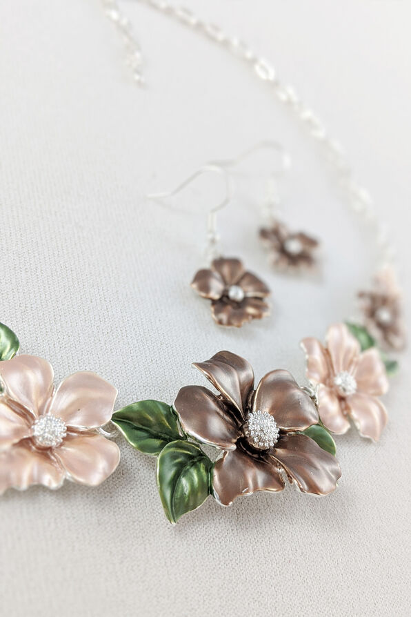 Hibiscus Garden Necklace and Earring Set, Taupe, original image number 1