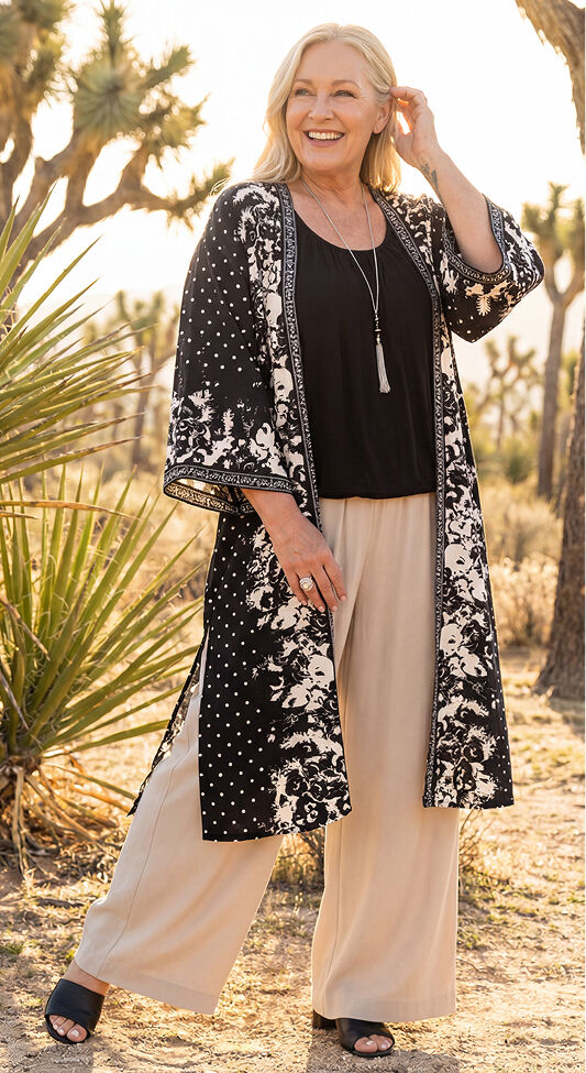 Papa Black and White Abstract Print Travel Kimono 