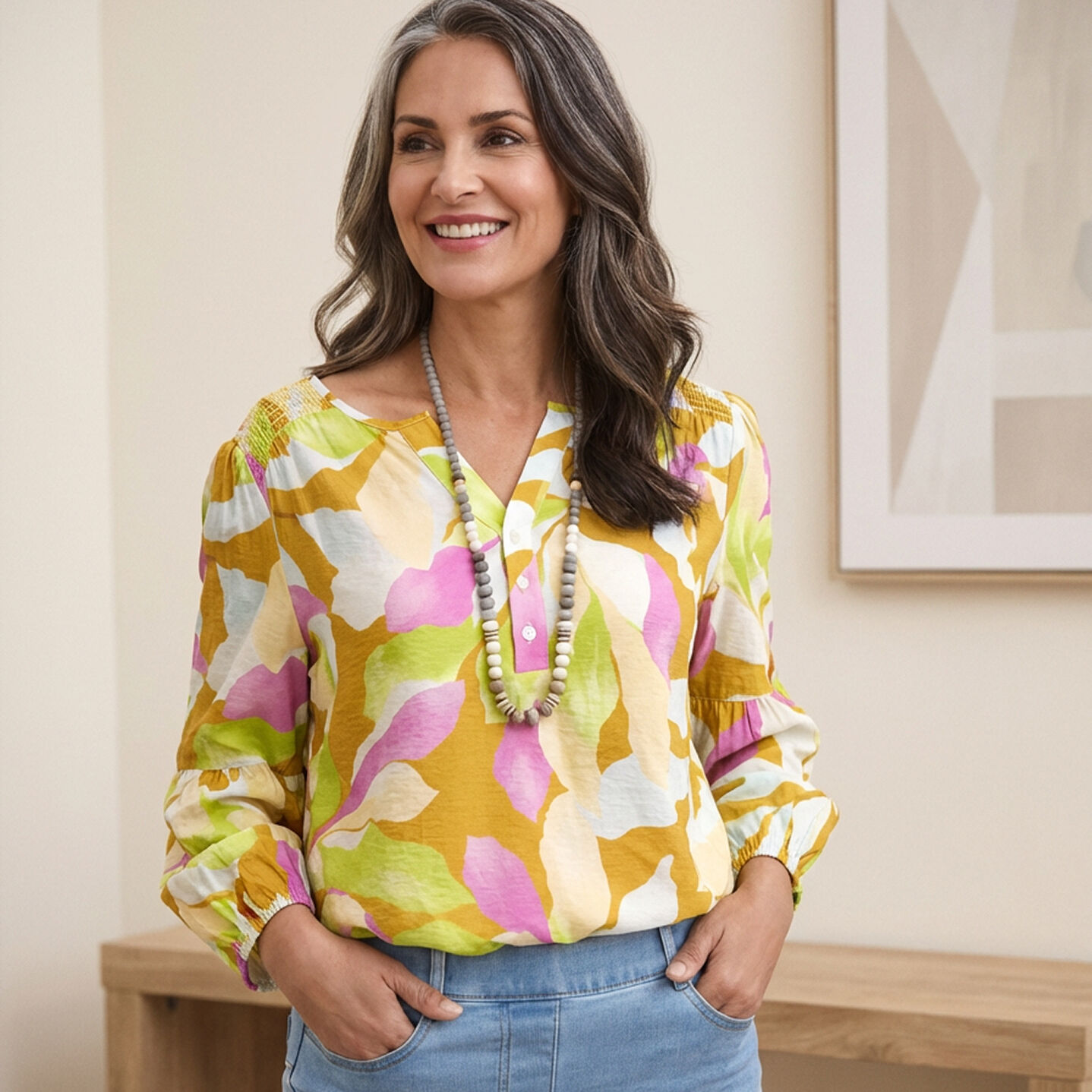 Spring tribal green pink and white floral blouse