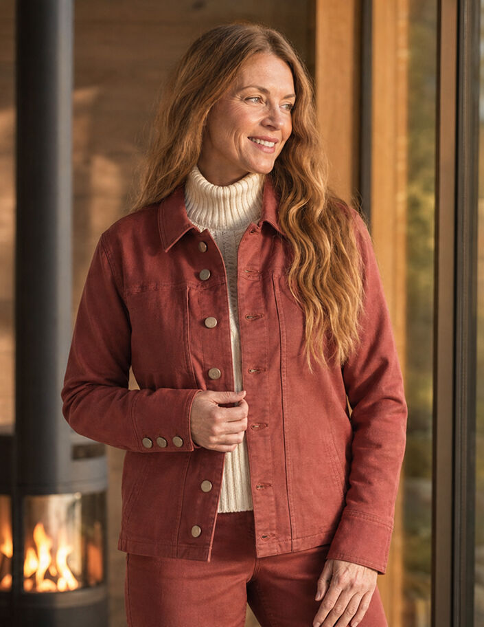 Matching maroon denim jacket and pant set