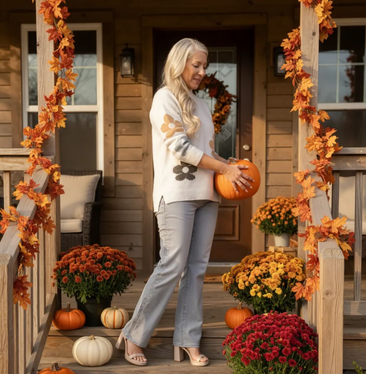 Papillon Long Sleeve Knit Sweater With Daisies