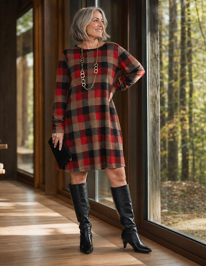 Women's red, black and brown plaid dress