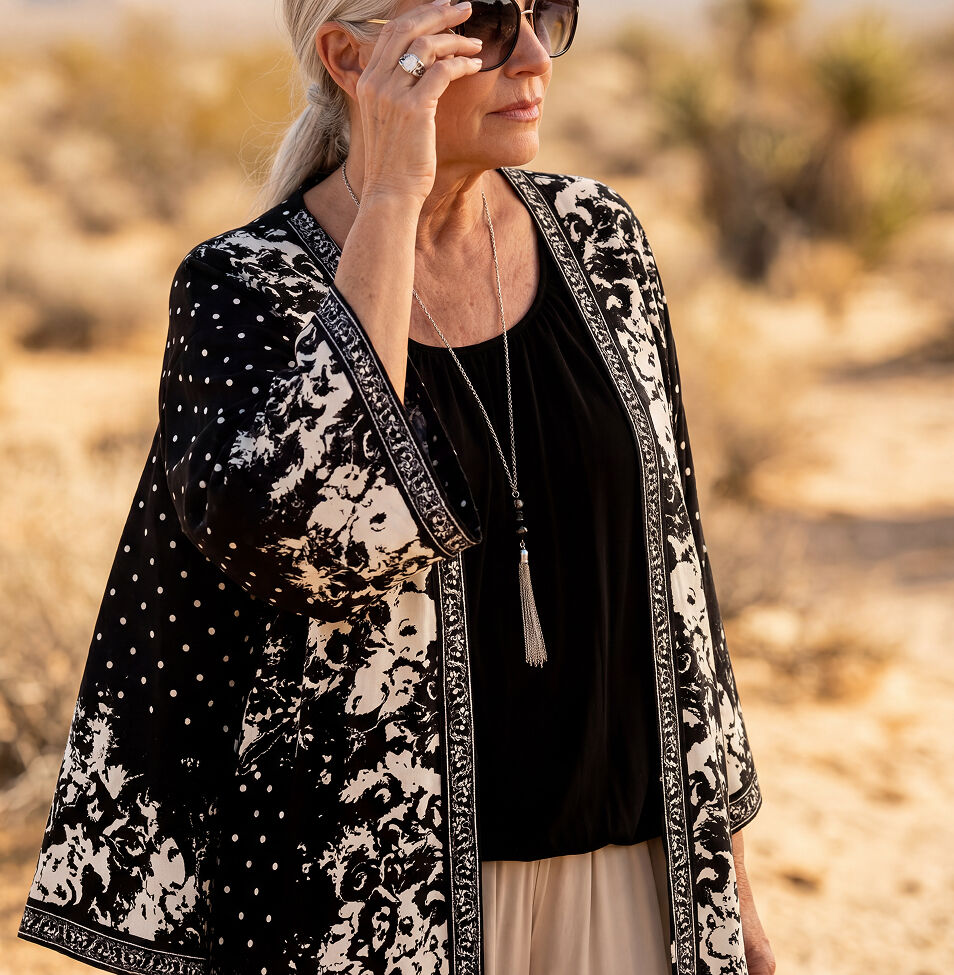 Papa Black and White Abstract Print Travel Kimono with accessories