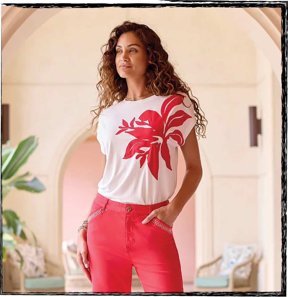 red floral accent top