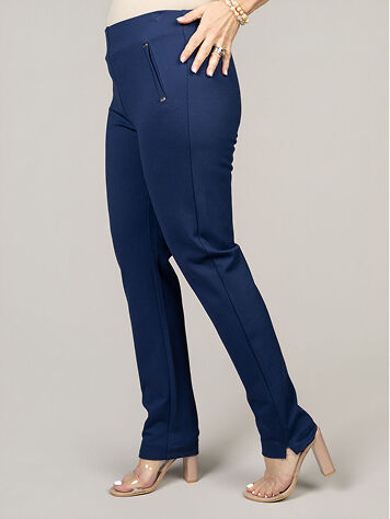Model is wearing navy slim fit dress pant