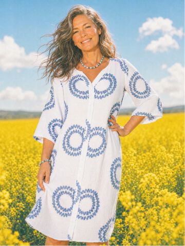 white and blue geometric print sundress