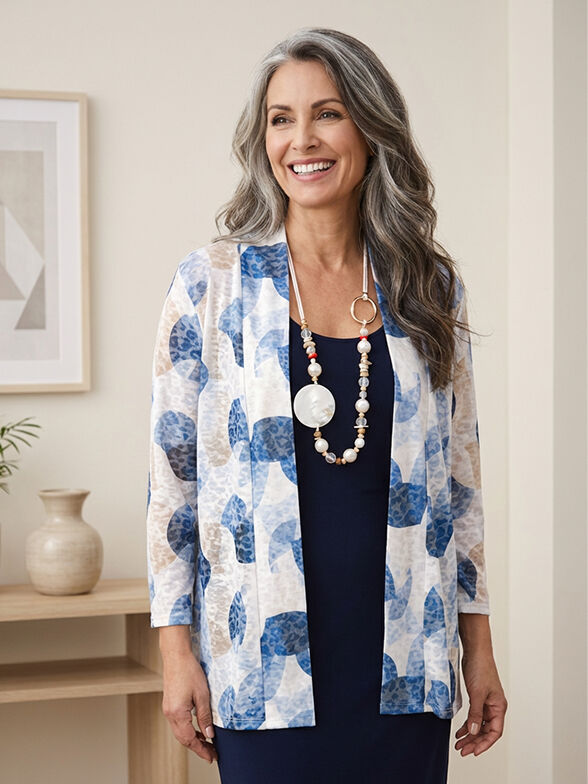Spring layering. Blue printed cardigan.