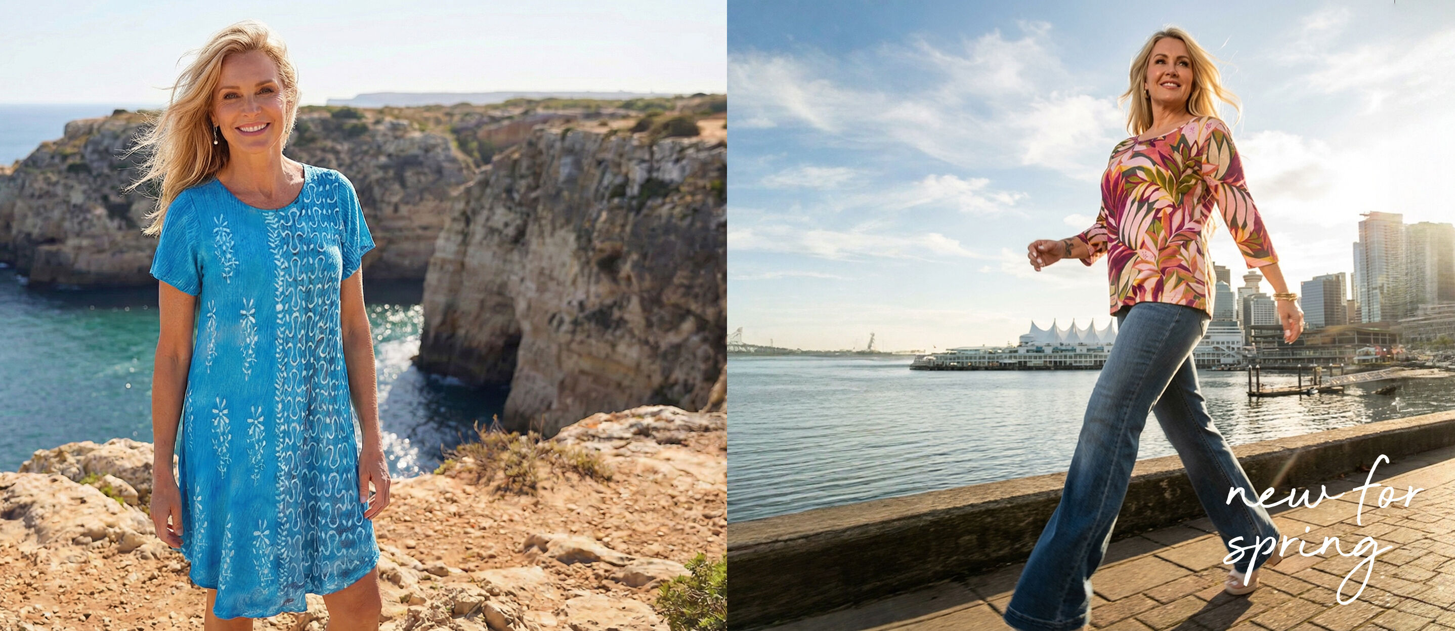 scenic costal scene with bright colour spring clothing women smiling