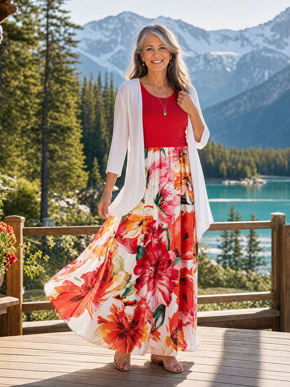 Woman wearing maxi floral dress in the canadian rockies