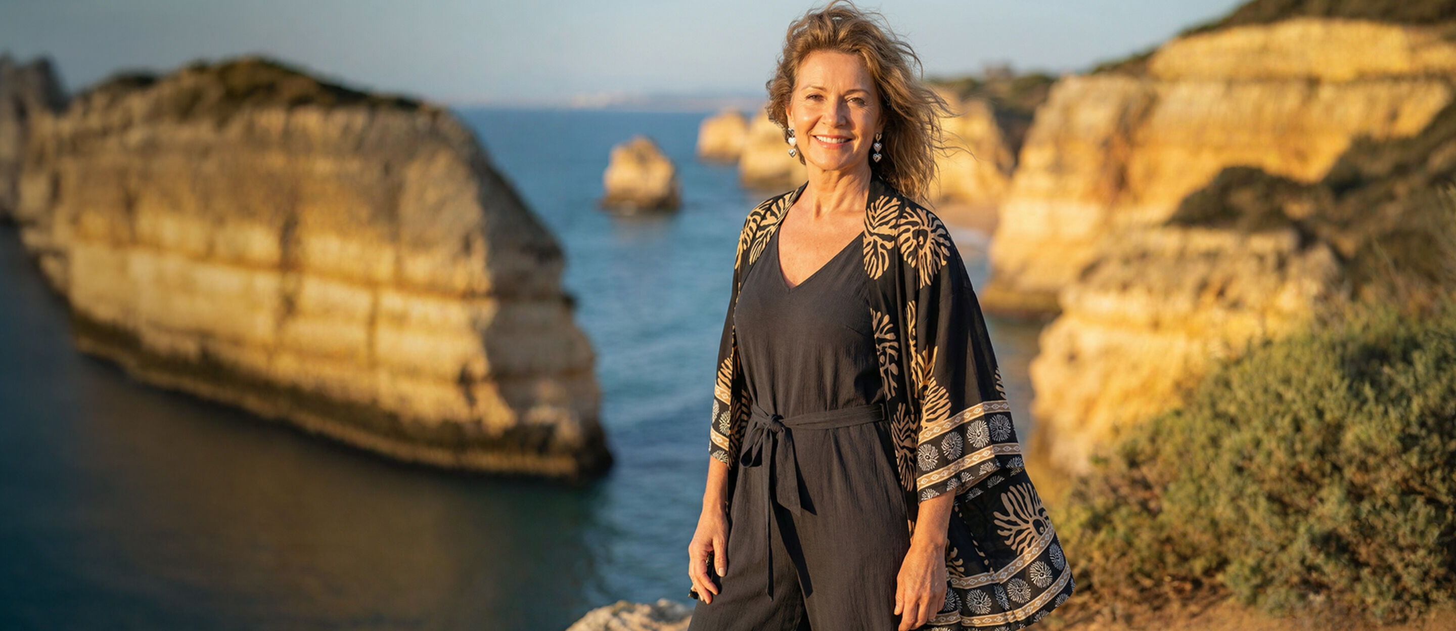 Papillon Printed Kimono and black textured jumsuit