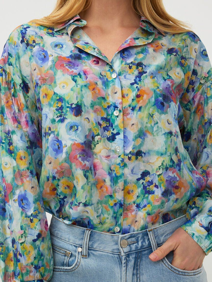 EsQualo Long Sleeve Flowy Floral Pattern Blouse