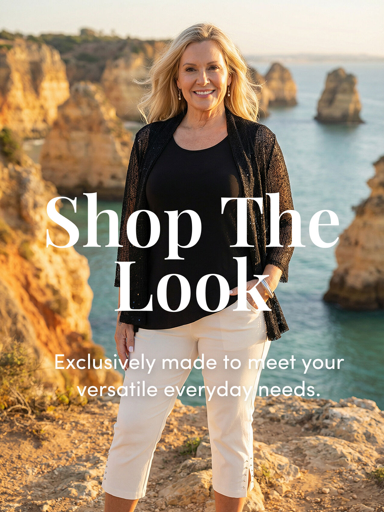 Shop the look series. Woman standing with hand in pocket in a scenic algarve setting.