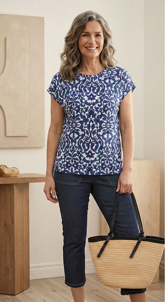 Fransa Blue Floral Printed Short Sleeve Top