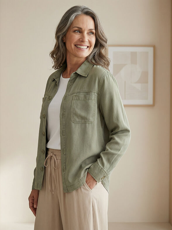  Tribal olive Flowy Overshirt Jacket with woman smiling