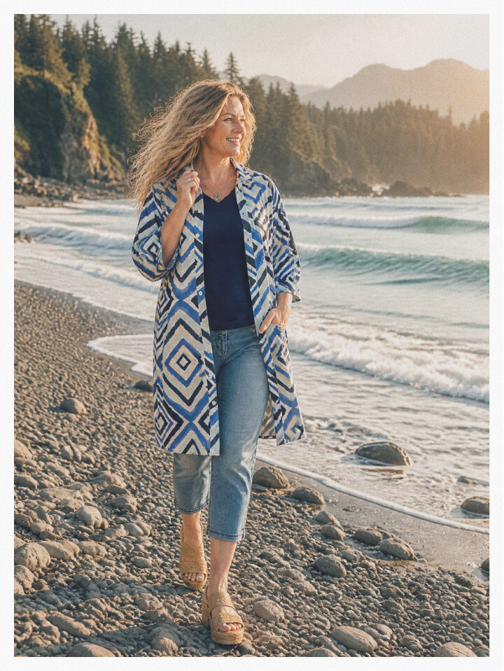 Womens Long Blue Geometric Print Cardigan