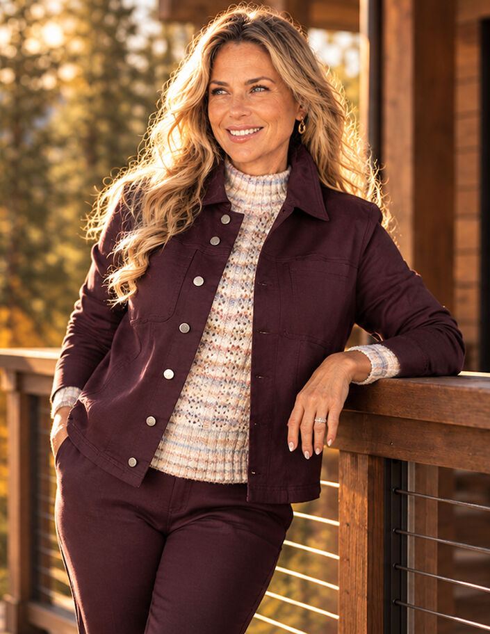 Matching plum denim jacket and pant set