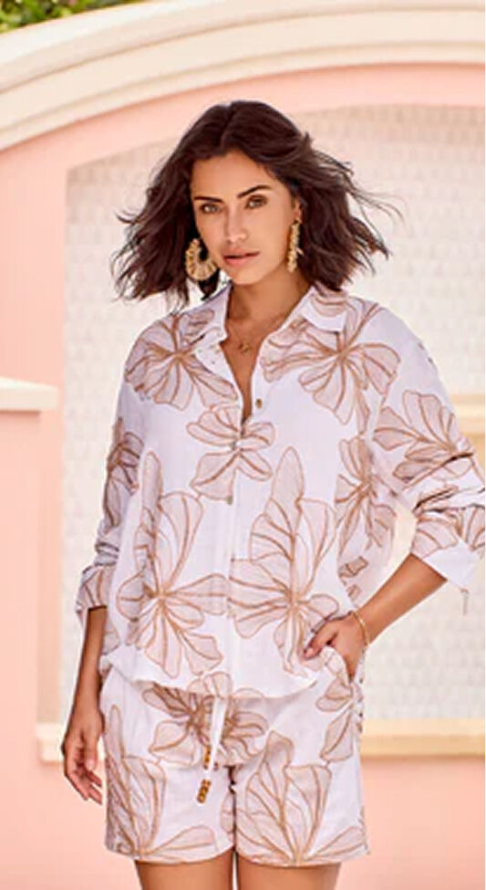 Matching set floral print white and brown blouse and short