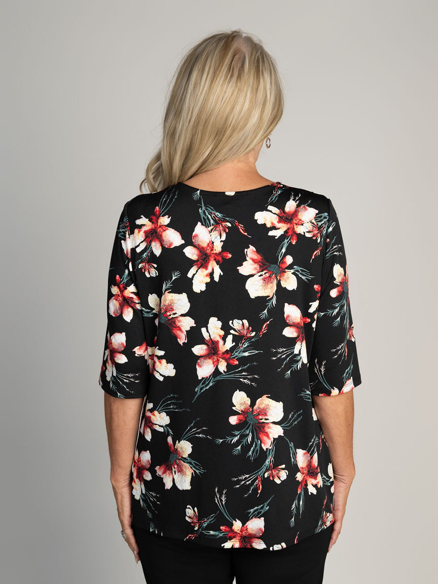 3/4 length Sleev Black Multi Floral V neck Blouse.