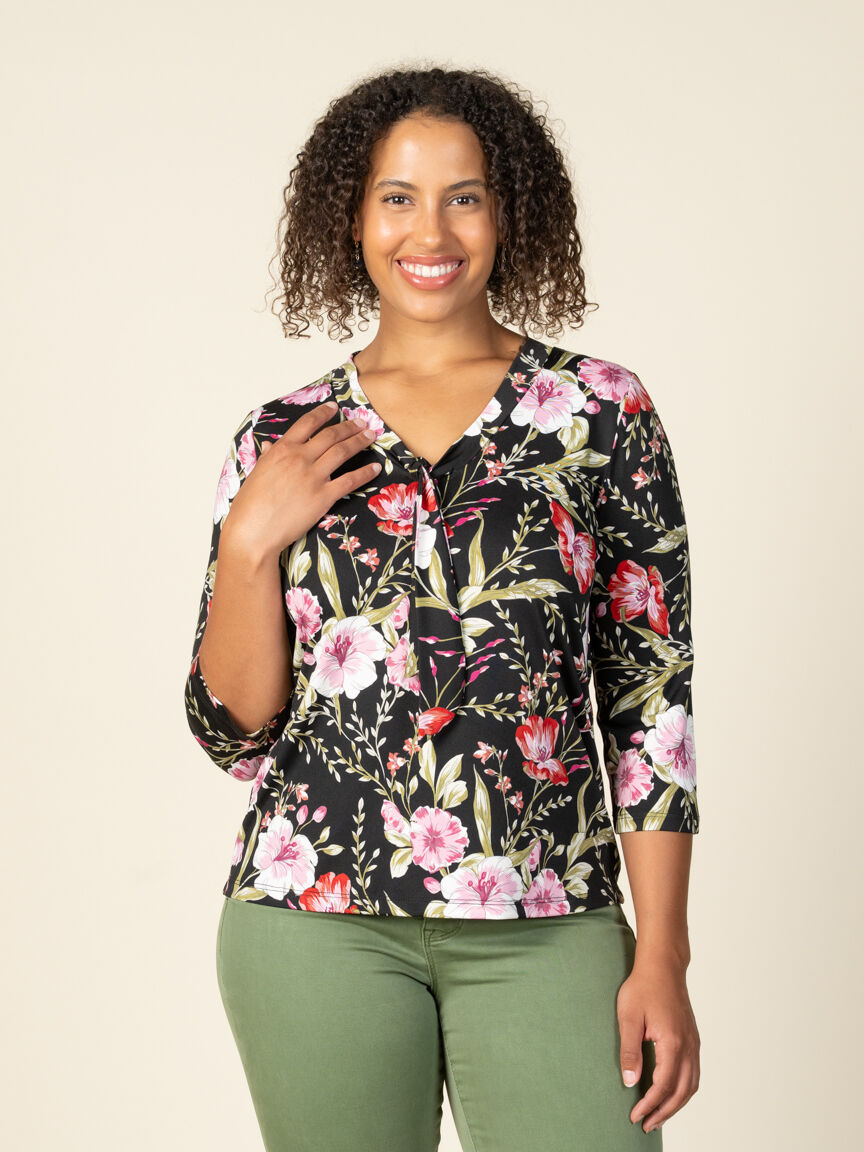 3/4 Sleeve V Neck Floral Print Top with Front Tie Image 1