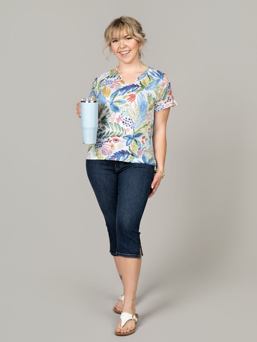 V-Neck Top with French Lace Sleeves & Ladder Trim