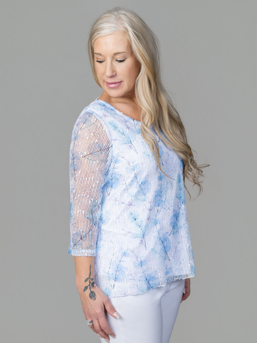 3/4 Sleeve Mesh Overlay Top