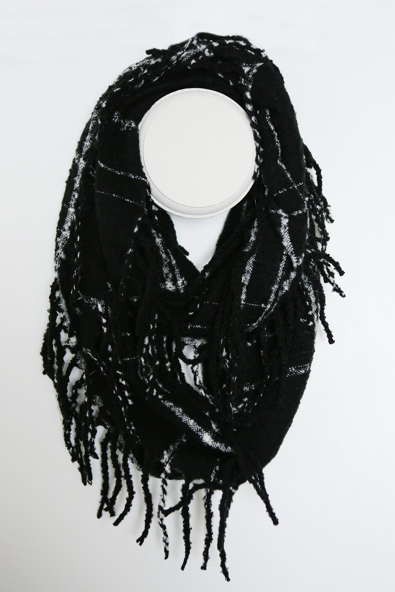 Plaid Boucle Infinity Scarf with Fringe