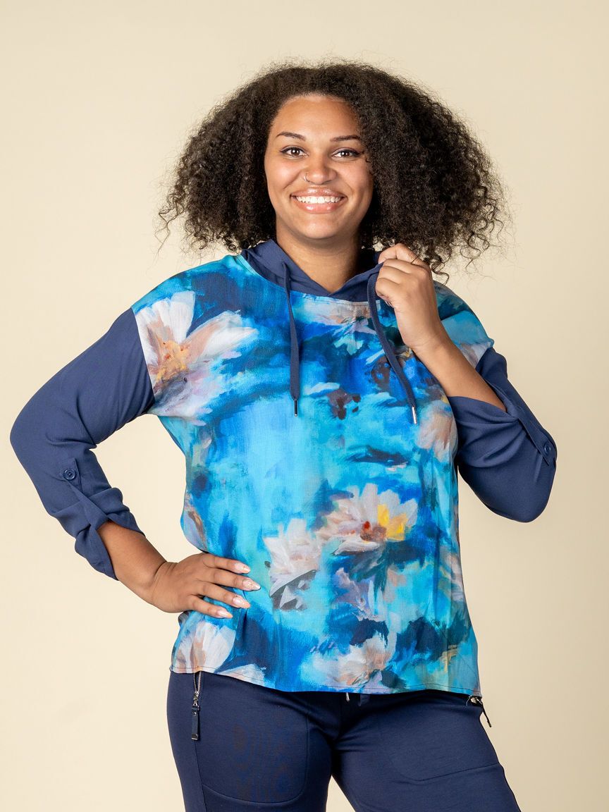 Sheer Hooded Top With 3/4 Sleeve Roll Up Tabs