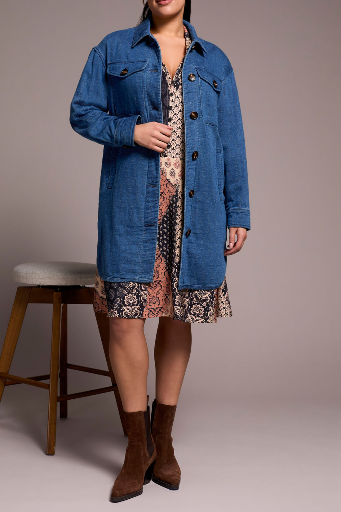 Long Front Buttoned Denim Quilted Jacket