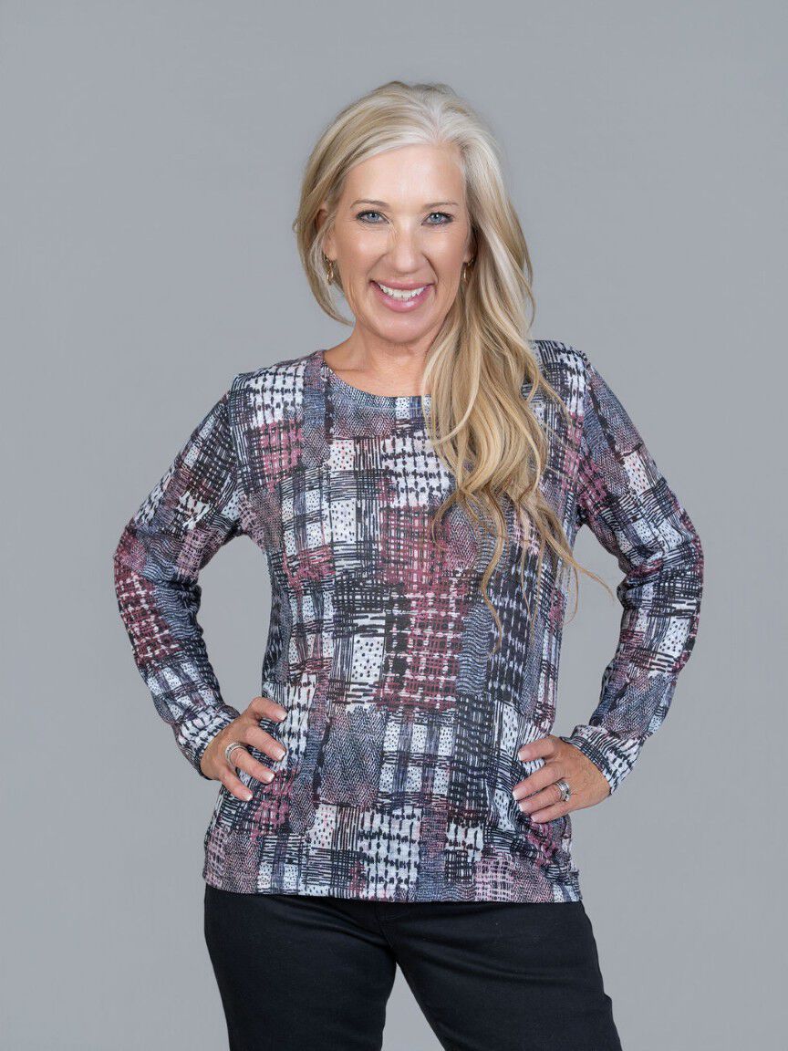 Metallic Check Print Long Sleeve Top