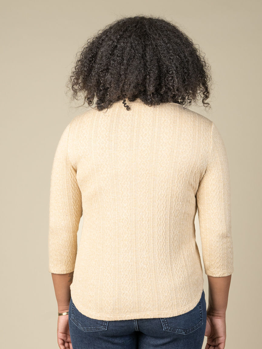 3/4 Sleeve Cable Knit V-Neck Top With Buttons Image 4