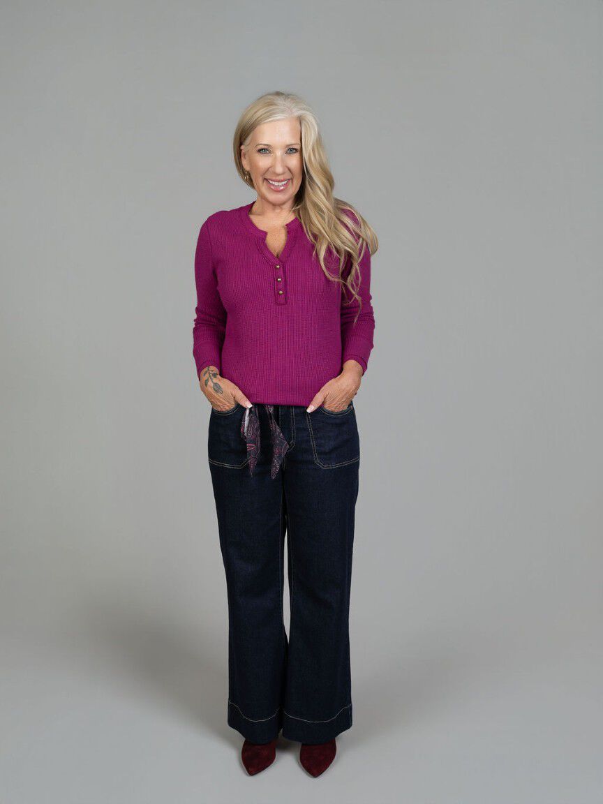 Long Sleeve Waffle Knit Henley Top
