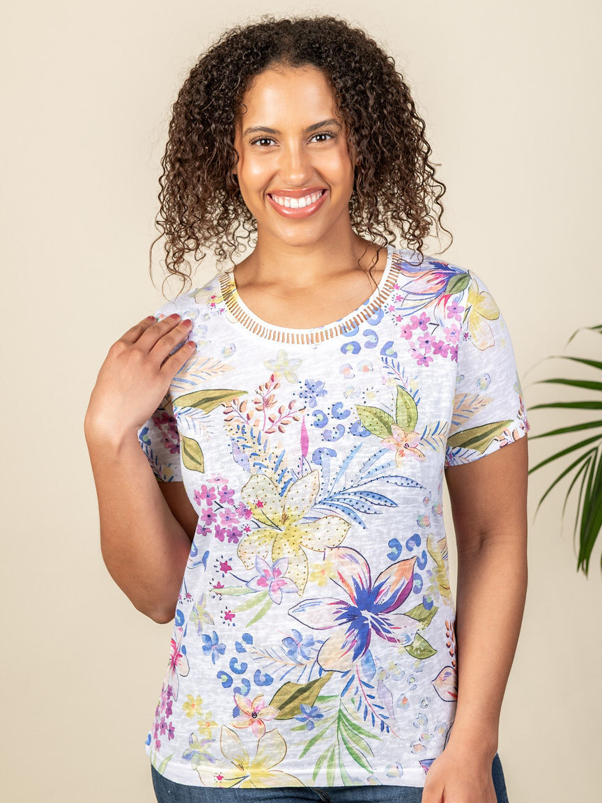 Short Sleeve Top with Ladder Stitch Neckline Image 1