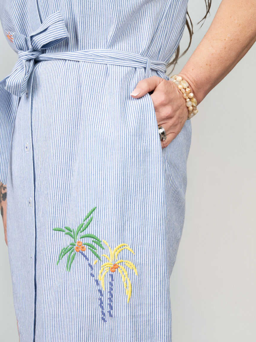Embroidered Button-Up Midi Shirt Dress with Belt