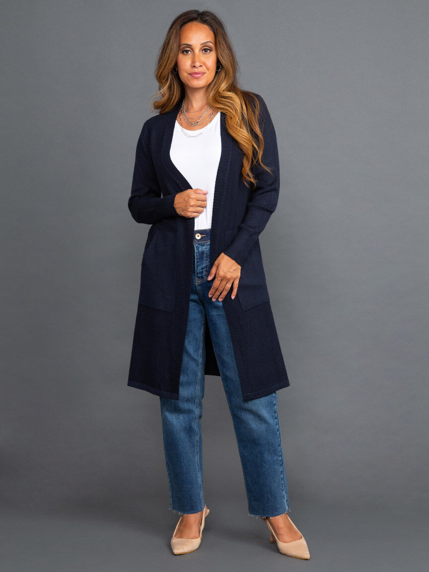 Longline Ribbed Cardigan w/ Pockets Image 1