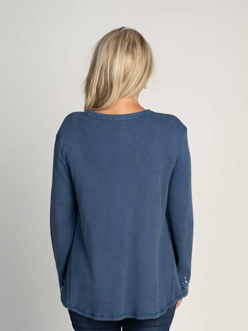 Embroidered Button-Up Waffle Knit Top