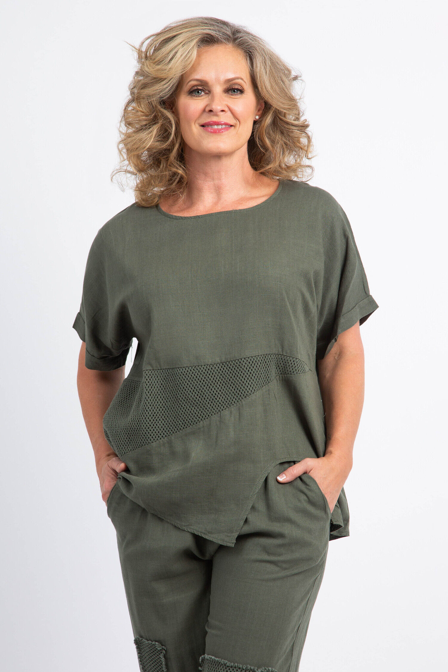 Linen Blend Top w/ Cutout Hem Image 1