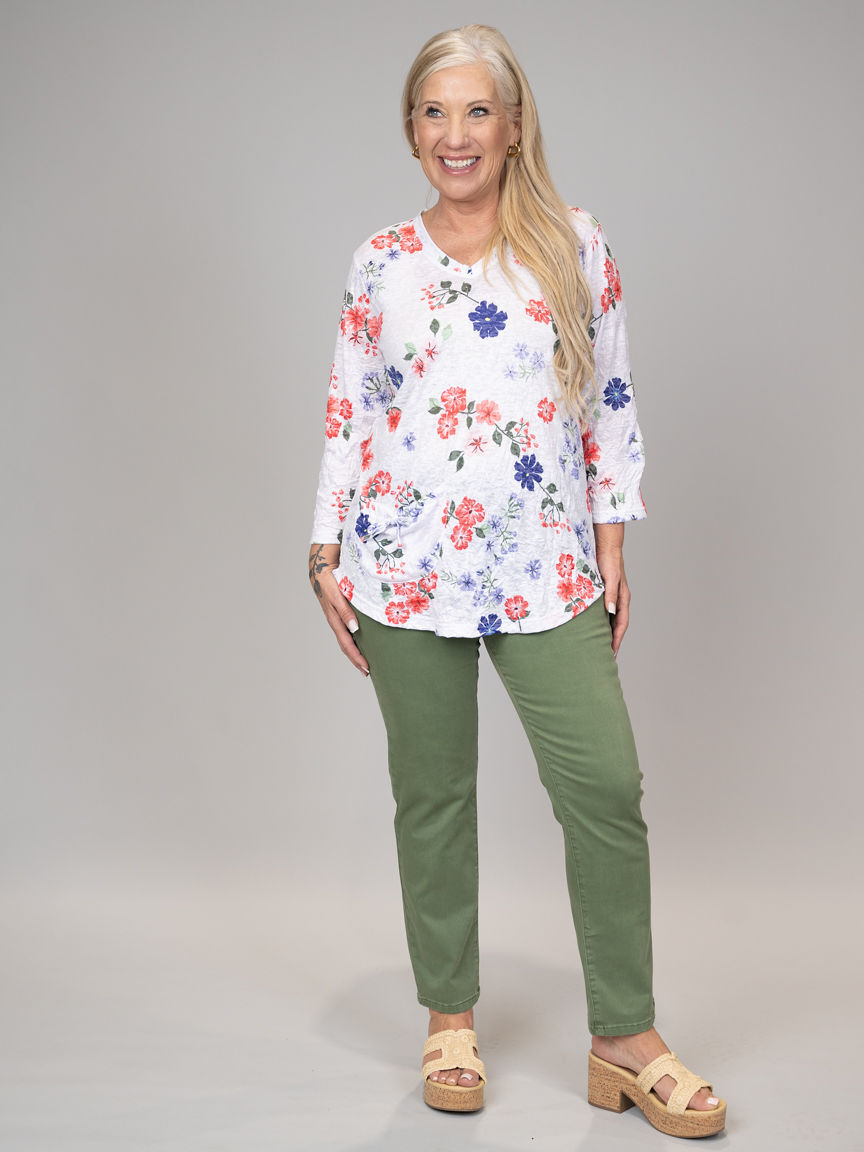 3/4 Sleeve Crinkle Top With Floral Print