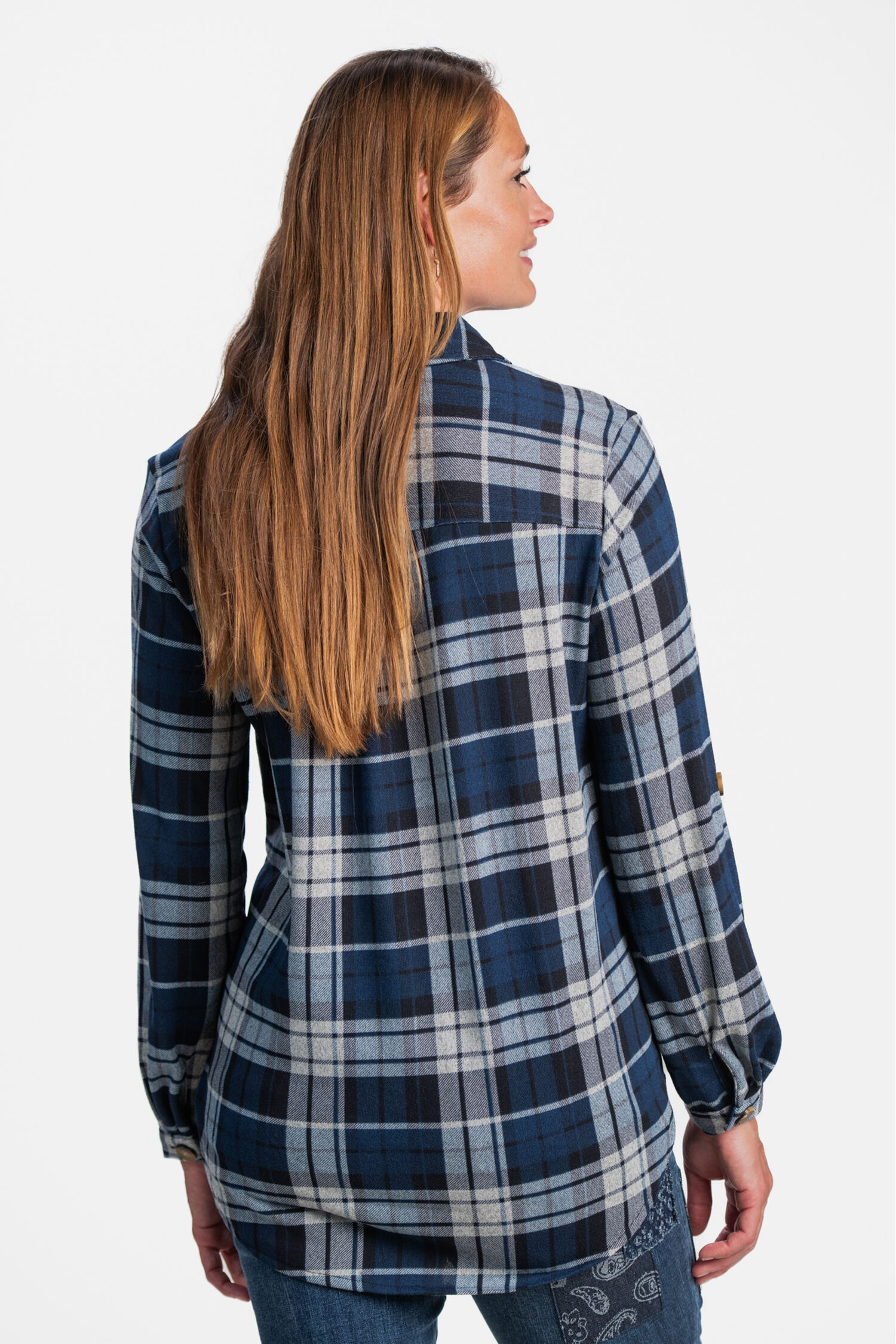 &frac34; Roll Tab Sleeve Plaid Top Image 2