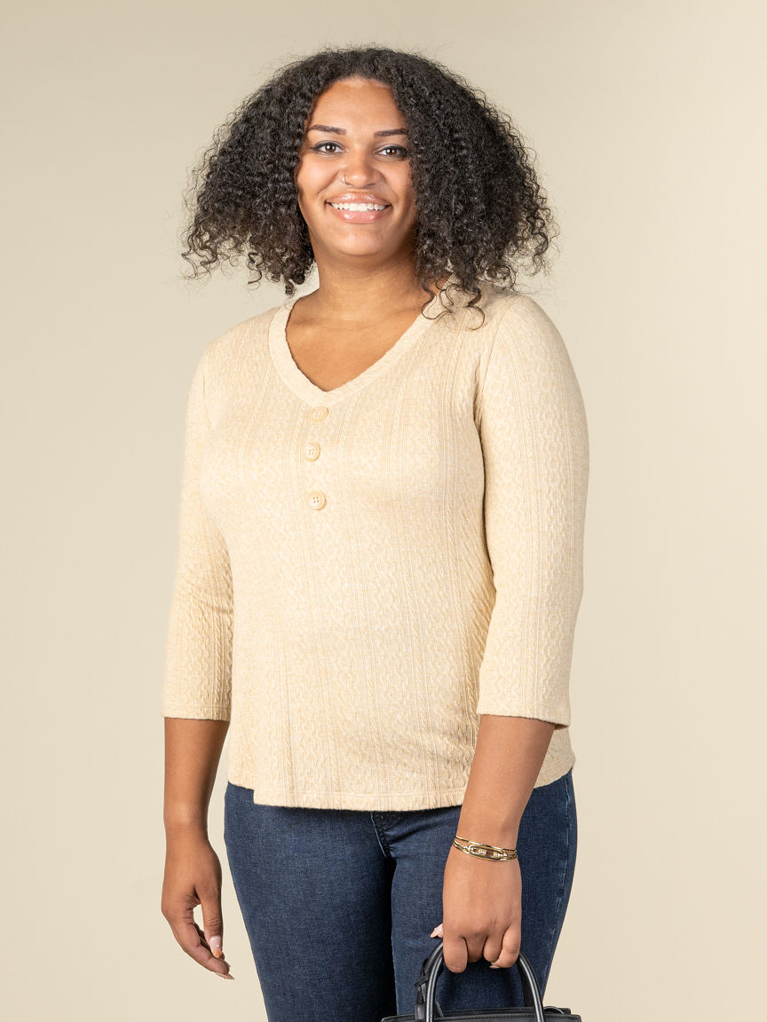 3/4 Sleeve Cable Knit V-Neck Top With Buttons Image 2