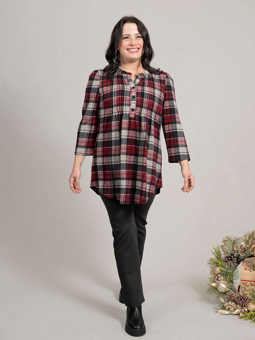 &frac34; Sleeve Plaid Blouse