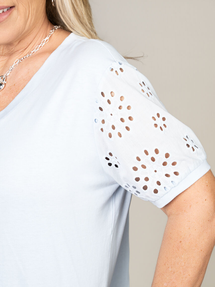 Eyelet Sleeve V-Neck T-Shirt
