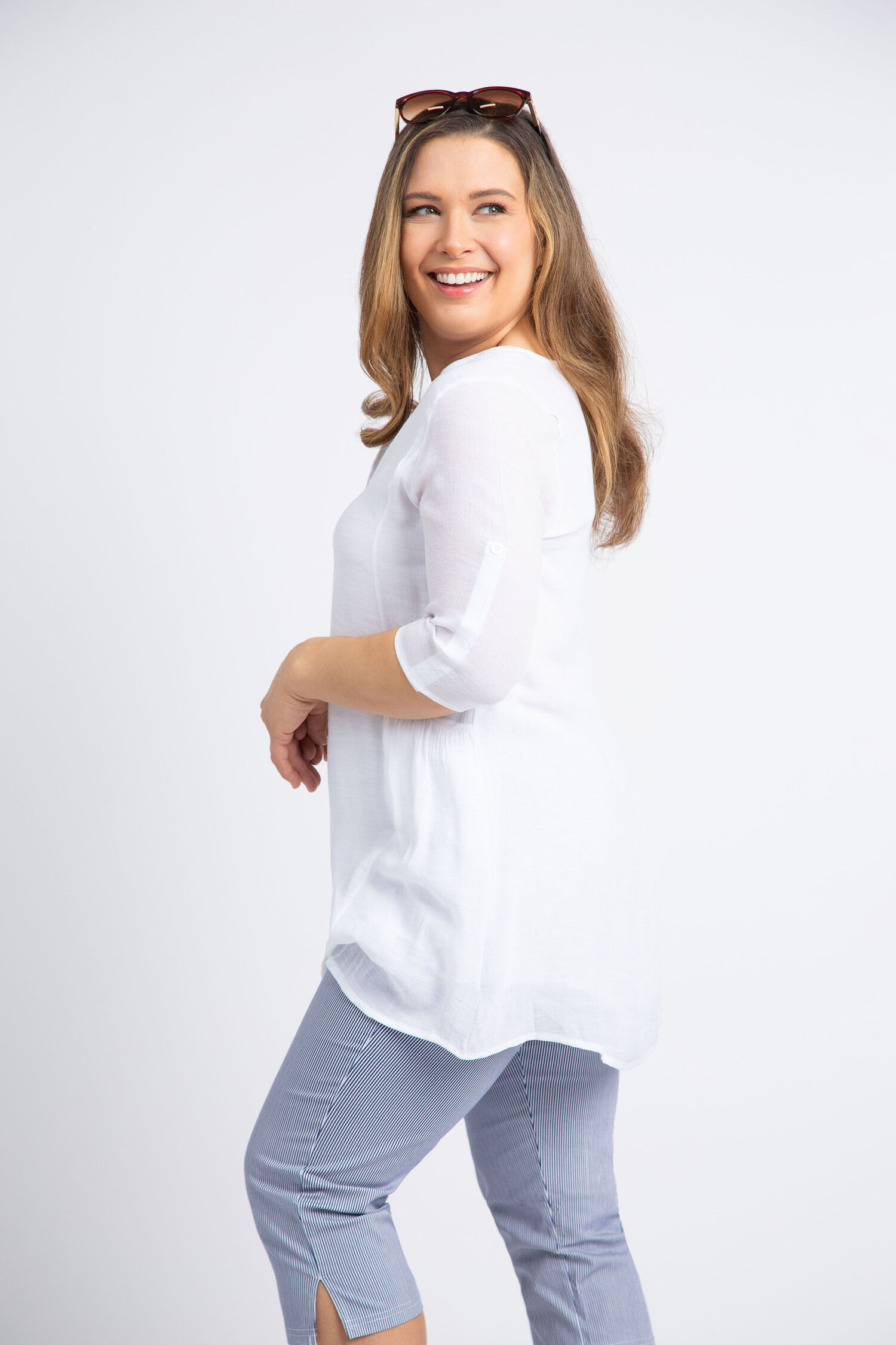 Elbow Sleeve Henley Neck Tunic Blouse Image 2