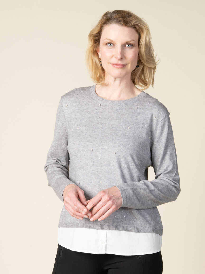 Long Sleeve Fooler Sweater With Pearls