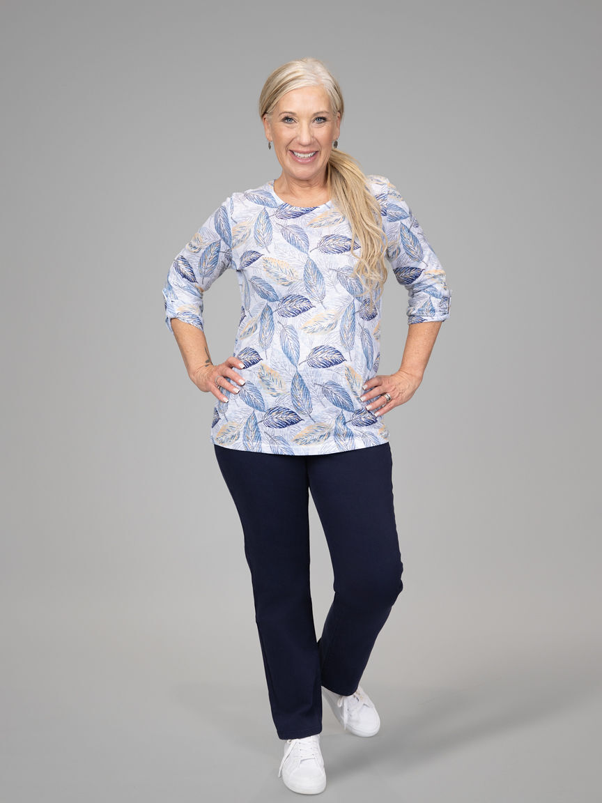 3/4 Sleeve Leaf Print Top