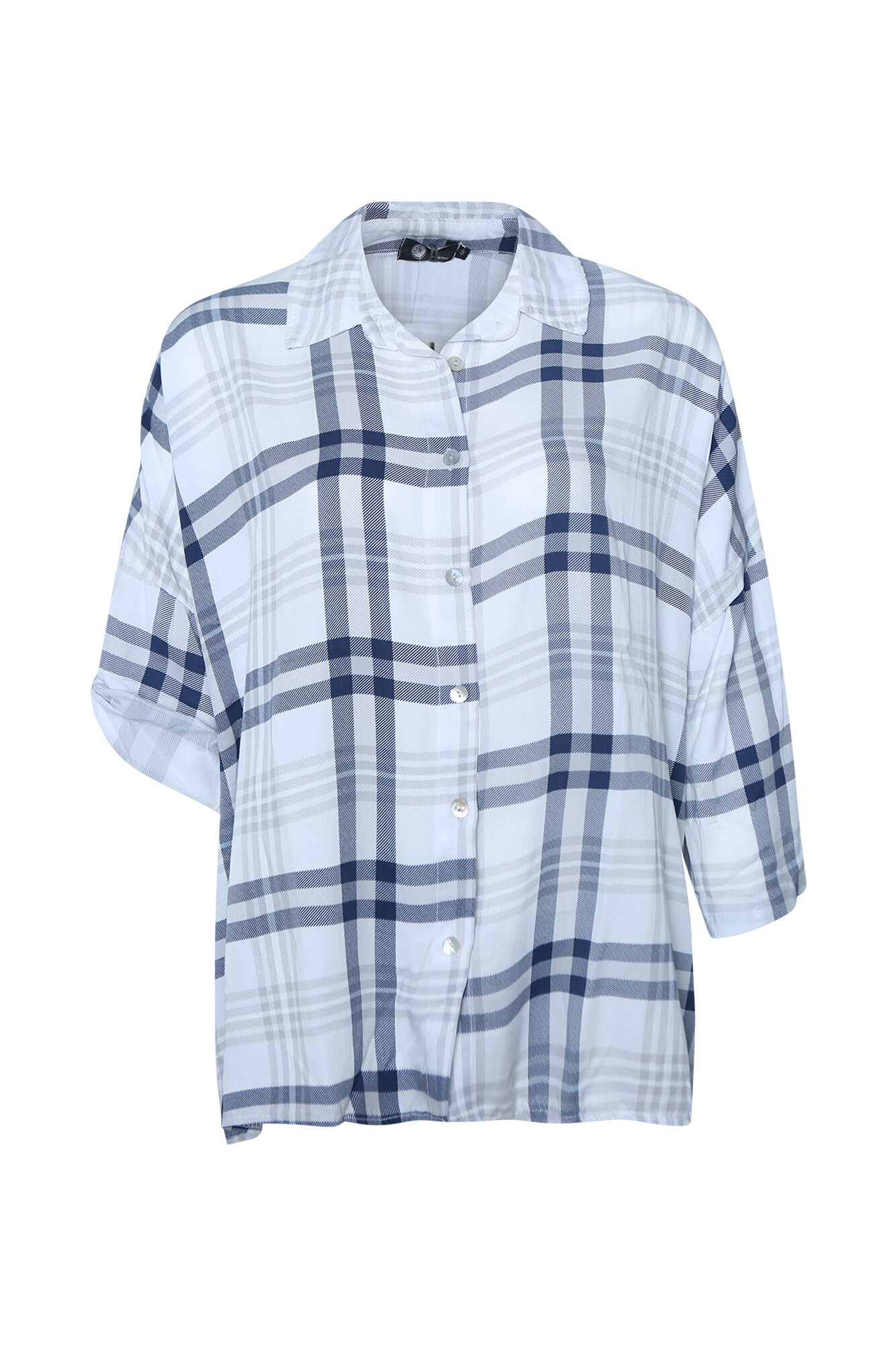 Plaid Button Up T-Shirt with Roll Tab Sleeve Image 1
