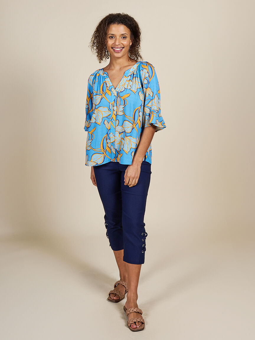 &frac34; Ruffle Sleeve Jacquard Blouse  Image 1