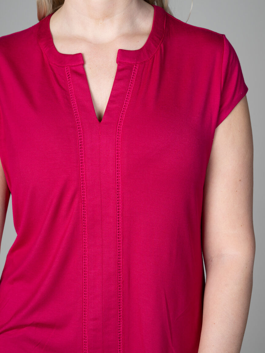 Short Sleeve Henley Neck Top With Ladder Stitching